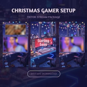 May include: Digital illustration of a Christmas-themed gamer setup, with a monitor displaying "Starting Soon." The scene includes a keyboard, mouse, and festive decorations, with the text "Christmas Gamer Setup" and "TikTok Stream Package."