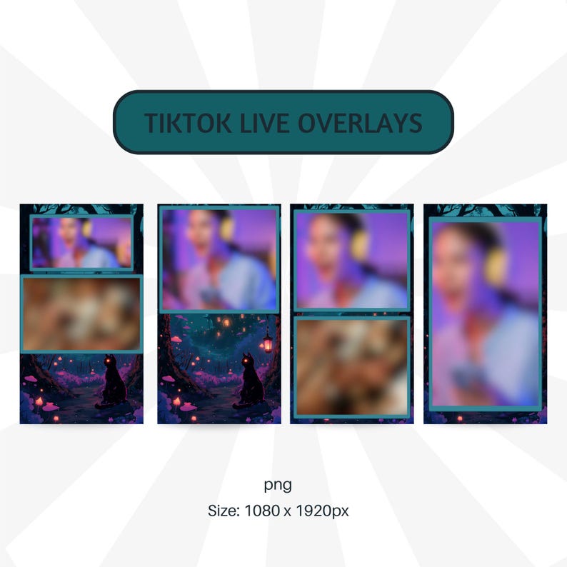 Puede incluir: Dise&ntilde;os digitales para superposiciones de TikTok en vivo. La imagen muestra cuatro dise&ntilde;os diferentes, cada uno con un borde turquesa. Presentan im&aacute;genes borrosas y un gr&aacute;fico de un gato negro en un bosque. El texto en la parte superior dice "TIKTOK LIVE OVERLAYS".