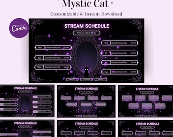 Elegante specchio viola con programma di streaming di gatti mistici, calendario settimanale gotico e stregonesco, modello Canva