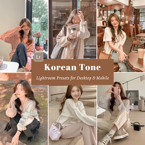 Op de afbeelding: Een collage van zes afbeeldingen met vrouwen die verschillende outfits dragen in een Koreaanse mode stijl. De afbeeldingen zijn in een raster gerangschikt en tonen verschillende achtergronden, waaronder een café, een park en een straat. De tekst "Korean Tone Lightroom Presets for Desktop & Mobile" wordt in het midden van de collage weergegeven.