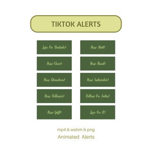 Puede incluir: Gr&aacute;fico con el texto "TIKTOK ALERTS" en la parte superior. Debajo hay botones rectangulares con texto como "Live On Youtube!", "New Host!" y "New Follower!". El gr&aacute;fico tambi&eacute;n incluye "mp4 & webm & png" y "Animated Alerts".