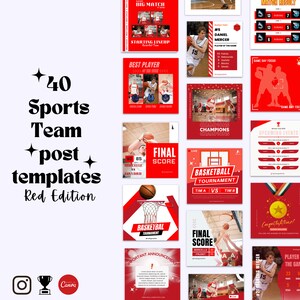 Könnte beinhalten: Eine Sammlung von 40 roten und weißen Social-Media-Post-Vorlagen für ein Sportteam. Die Vorlagen zeigen Basketball-Bilder, Ergebnisse und Teamnamen. Der Text "+40 Sports Team +post+ templates Red Edition" wird in der Mitte des Bildes angezeigt.