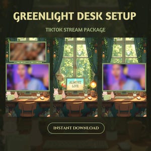 May include: An illustration of a desk setup with the text "GREENLIGHT DESK SETUP" and "TIKTOK STREAM PACKAGE". The image shows a computer monitor with the words "ALMOST LIVE" on the screen, along with other desk accessories.