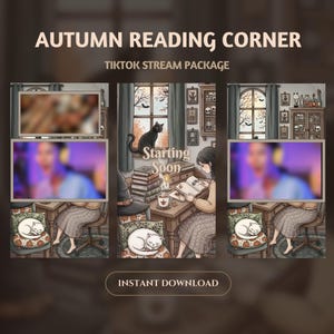 Autumn Reading Corner Animated TikTok Stream Overlays: Cozy Beige Desk BookTok Scenes (Digital Download)