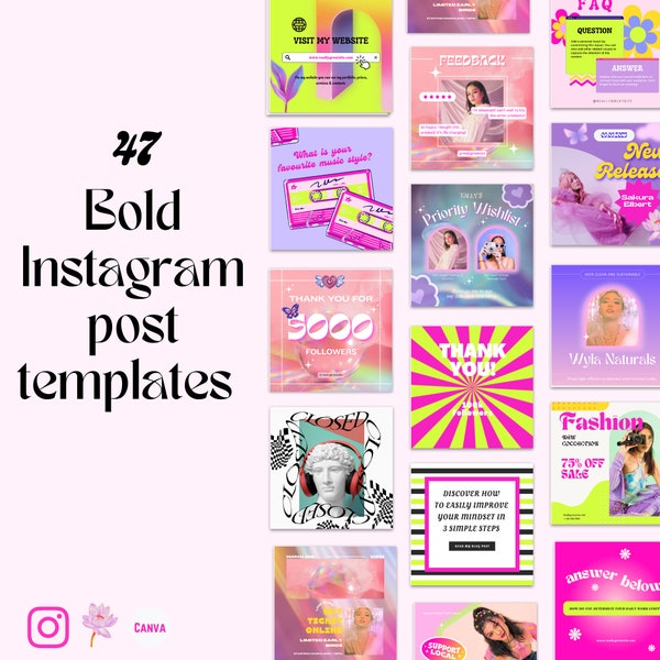 Bold Instagram Post Templates for Canva,Trendy Colorful Instagram Post Templates,Bright Branding,Abstract funky engaging Instagram Feed