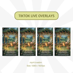 Puede incluir: Superposiciones en vivo para TikTok con una escena de jard&iacute;n y un zorro en un banco. Incluyen textos como "Starting Soon", "Stream Offline", "Stream Loading" y "Stream Ending". Tama&ntilde;o de imagen: 1080 x 1920 p&iacute;xeles.