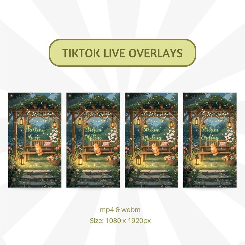 Puede incluir: Superposiciones en vivo para TikTok con una escena de jard&iacute;n y un zorro en un banco. Incluyen textos como "Starting Soon", "Stream Offline", "Stream Loading" y "Stream Ending". Tama&ntilde;o de imagen: 1080 x 1920 p&iacute;xeles.