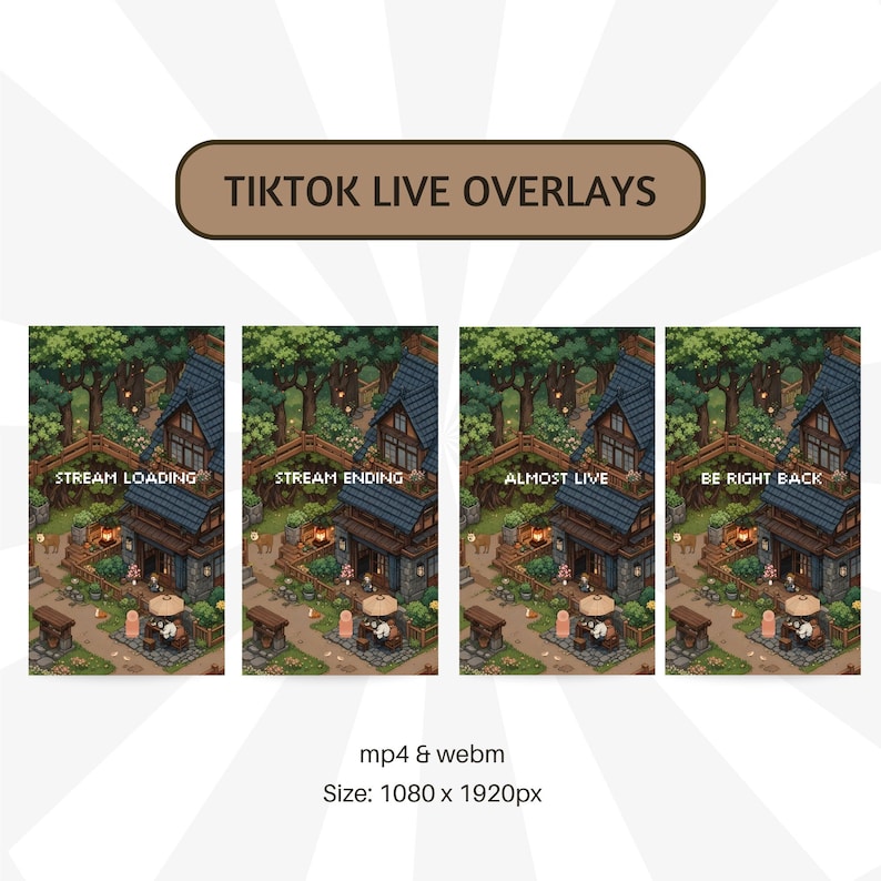 Puede incluir: Overlays para directos de TikTok con escenas de pixel art. Incluyen textos como "Stream Loading", "Stream Ending", "Almost Live" y "Be Right Back". Formato mp4 y webm, tama&ntilde;o 1080 x 1920px.