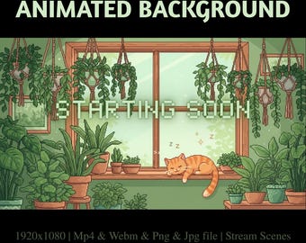 Cute Botanical Cat Retreat Animated Stream Screen: Cozy Pixel Room Twitch Banners (Digital Download)