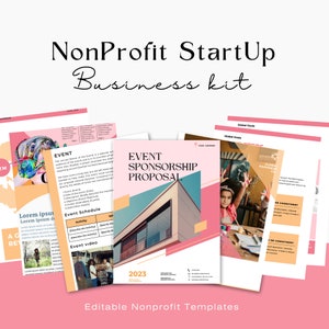 May include: A pink and orange business kit for a non-profit startup. The cover page features a building with a pink and orange color scheme and the text "Event Sponsorship Proposal". The kit includes templates for event planning, sponsorship proposals, and other business documents.