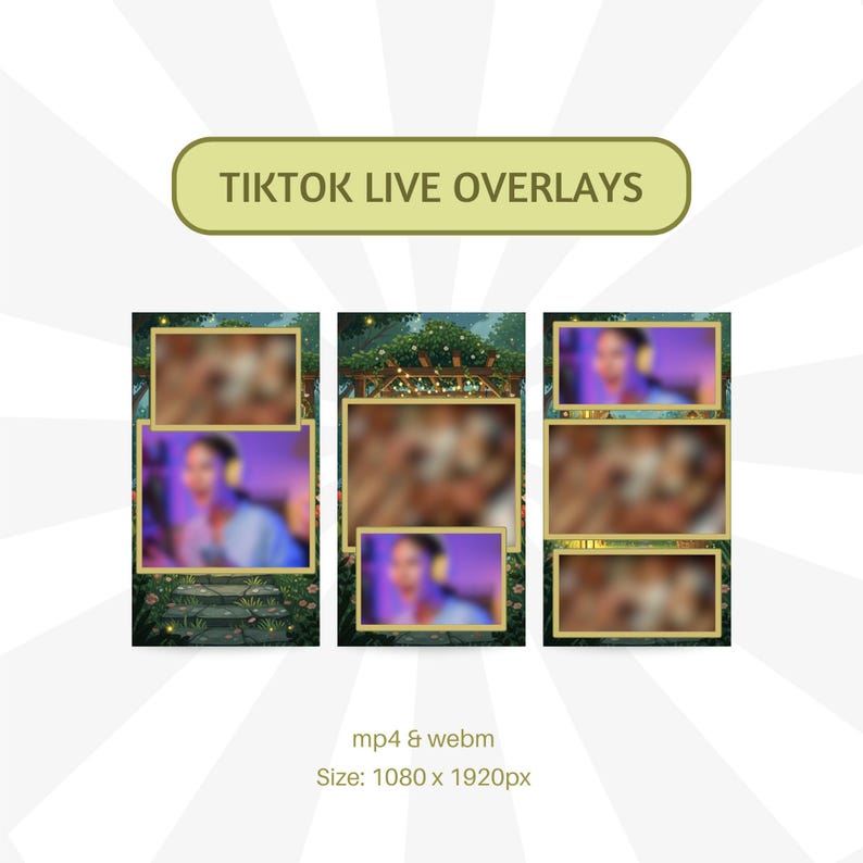 Puede incluir: Un gr&aacute;fico digital con tres superposiciones de TikTok Live con un tema de la naturaleza. Cada superposici&oacute;n tiene un marco dorado para video y texto. La imagen incluye el texto "TikTok Live Overlays", "mp4 & webm" y "Size: 1080 x 1920px".