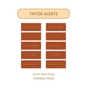 May include: A digital graphic with the text "TIKTOK ALERTS" at the top. Below are brown rectangular buttons with white text, including "FOLLOW ON INSTA!" and "NEW FOLLOWER!". The bottom reads "mp4 & webm & png Animated Alerts."