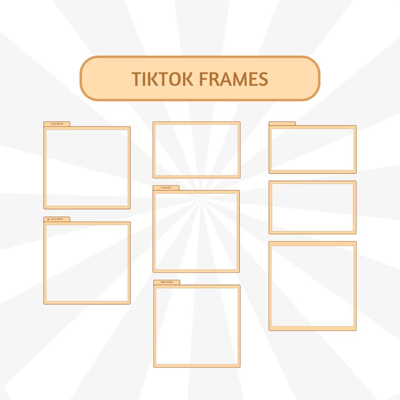 May include: A graphic featuring several light orange frames with white interiors, arranged in a grid. The text "TIKTOK FRAMES" is displayed in a light orange banner at the top. The background has a radial pattern of white lines.