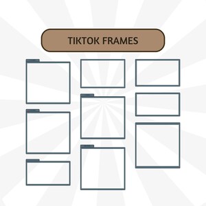 Puede incluir: Un dise&ntilde;o gr&aacute;fico con nueve marcos rectangulares vac&iacute;os con un borde gris, dispuestos en una cuadr&iacute;cula. Una pancarta marr&oacute;n en la parte superior dice "TIKTOK FRAMES" en texto blanco. El fondo tiene un patr&oacute;n radial blanco.