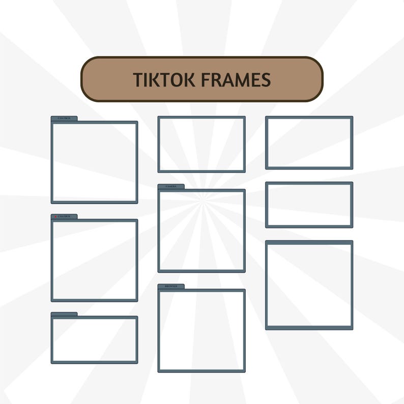 Puede incluir: Un dise&ntilde;o gr&aacute;fico con nueve marcos rectangulares vac&iacute;os con un borde gris, dispuestos en una cuadr&iacute;cula. Una pancarta marr&oacute;n en la parte superior dice "TIKTOK FRAMES" en texto blanco. El fondo tiene un patr&oacute;n radial blanco.