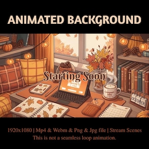Animated Autumn Creator’s Lofi Desk Stream Overlay:Fall Study Setup Twitch Scene (PDF File)