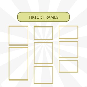 Puede incluir: Gr&aacute;fico con varios marcos rectangulares dorados con interiores blancos. Los marcos est&aacute;n dispuestos en un patr&oacute;n de cuadr&iacute;cula sobre un fondo blanco con l&iacute;neas radiales. El texto "TIKTOK FRAMES" se muestra en un rect&aacute;ngulo redondeado verde.