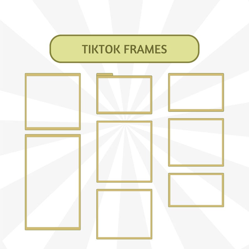 Puede incluir: Gr&aacute;fico con varios marcos rectangulares dorados con interiores blancos. Los marcos est&aacute;n dispuestos en un patr&oacute;n de cuadr&iacute;cula sobre un fondo blanco con l&iacute;neas radiales. El texto "TIKTOK FRAMES" se muestra en un rect&aacute;ngulo redondeado verde.