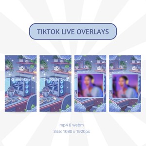 Może przedstawiać: Cyfrowe ilustracje nakładek na żywo na TikTok. Projekty obejmują konfigurację gier z tekstami "Almost Live" i "Be Right Back". Tło ma niebiesko-fioletową kolorystykę. Rozmiar: 1080 x 1920px.