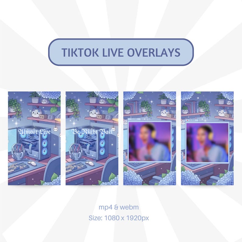 Może przedstawiać: Cyfrowe ilustracje nakładek na żywo na TikTok. Projekty obejmują konfigurację gier z tekstami "Almost Live" i "Be Right Back". Tło ma niebiesko-fioletową kolorystykę. Rozmiar: 1080 x 1920px.