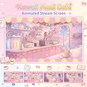 以下が含まれることがあります： Kawaii Madi Cafeと題されたアニメーションストリーム画面グラフィック。パステルピンクのカフェのインテリアで、ボトル、本、植物が並ぶ棚が特徴です。カウンター、コーヒーマシン、メニューボード、湯気の立つコーヒーカップが描かれています。