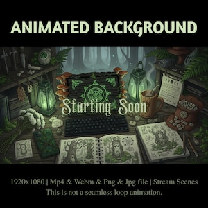 Animated Forest Wizard’s Desk Stream Overlay: Green Magical Fantasy Twitch Banners (PDF File)