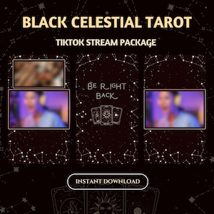 May include: Black and white graphic design with a celestial theme. The design features a constellation pattern, tarot cards, and the text "Black Celestial Tarot" and "TikTok Stream Package".