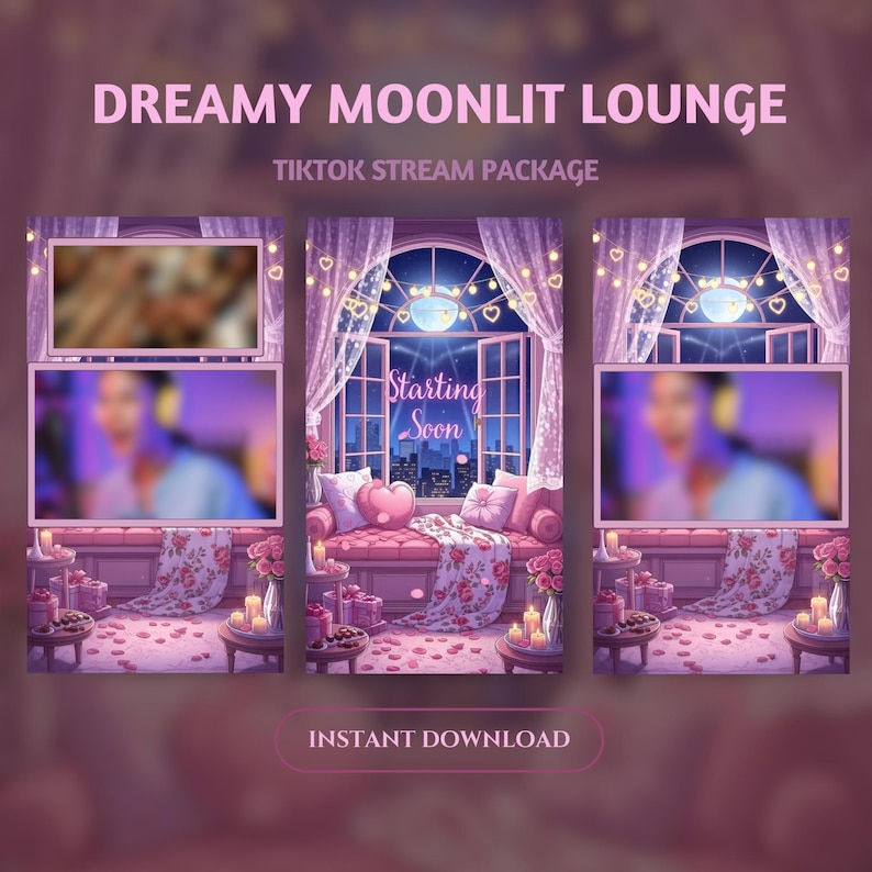 K&ouml;nnte beinhalten: Ein digitales Kunstpaket f&uuml;r TikTok-Streams mit dem Thema einer vertr&auml;umten Mondlicht-Lounge. Das Design umfasst ein Fenster mit Stadtblick, ein Sofa mit Kissen und Bildschirme zur Anzeige von Inhalten. Der Text lautet "Dreamy Moonlit Lounge" und "Starting Soon."