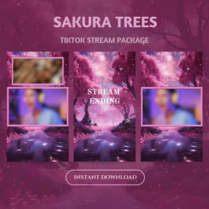Puede incluir: Un paquete de transmisión de TikTok con un fondo rosa y morado que presenta una escena de un río que fluye a través de un bosque de árboles de cerezo en flor rosa. El texto "Sakura Trees" y "TikTok Stream Package" están en la parte superior de la imagen. El texto "Stream Ending" está en el medio de la imagen. El texto "Instant Download" está en la parte inferior de la imagen.