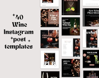 Wine Instagram Post Templates: Bar & Restaurant Social Media (Editable Canva PDF)