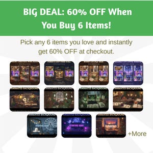 Puede incluir: Imagen promocional con texto "BIG DEAL: 60% OFF When You Buy 6 Items!" y "Pick any 6 items you love and instantly get 60% OFF at checkout." Presenta fondos animados con temas variados, como una escena navide&ntilde;a nevada y un puesto de comida acogedor.
