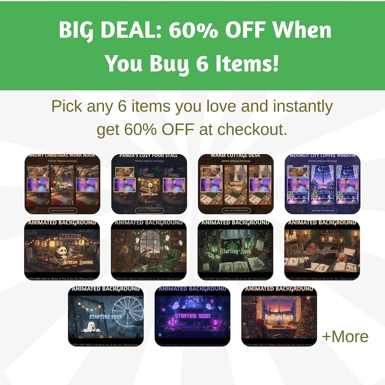 Puede incluir: Imagen promocional con texto "BIG DEAL: 60% OFF When You Buy 6 Items!" y "Pick any 6 items you love and instantly get 60% OFF at checkout." Presenta fondos animados con temas variados, como una escena navide&ntilde;a nevada y un puesto de comida acogedor.