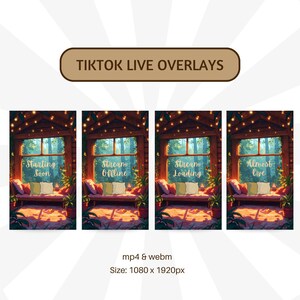 K&ouml;nnte beinhalten: Vier animierte TikTok Live-Stream-Overlays mit einem gem&uuml;tlichen H&uuml;tten-Thema. Die Overlays zeigen ein Fenster mit Blick auf einen Wald, Lichterketten und eine Couch mit Kissen. Der Text auf den Overlays lautet "Bald los", "Stream Offline", "Stream wird geladen" und "Fast live".