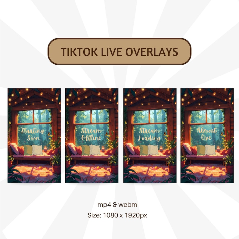 K&ouml;nnte beinhalten: Vier animierte TikTok Live-Stream-Overlays mit einem gem&uuml;tlichen H&uuml;tten-Thema. Die Overlays zeigen ein Fenster mit Blick auf einen Wald, Lichterketten und eine Couch mit Kissen. Der Text auf den Overlays lautet "Bald los", "Stream Offline", "Stream wird geladen" und "Fast live".