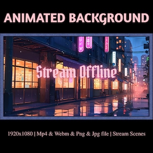 Animated Japanese Street Stream Overlay: Rainy Midnight Lofi Background (Digital Download, MP4 & WEBM Banners)