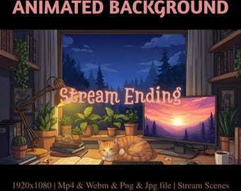Animated Sunset Serenity Cat Stream Overlay: Warm Lofi Night Twitch Background (PDF File)