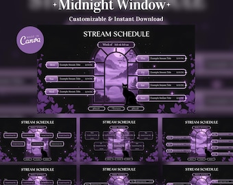 Programmazione dello streaming di Mystical Cat at the Midnight Window, modello Canva settimanale del cielo notturno celeste