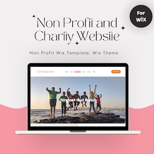 May include: A laptop displays a website template for non-profit organizations. The screen shows a website with the logo "Helping Hands" and a photo of children jumping. Text on the screen reads "Impact that lasts."