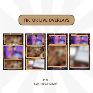 K&ouml;nnte beinhalten: Vier TikTok Live Overlay-Vorlagen mit einem lila und goldenen Farbschema. Jede Vorlage hat ein anderes Layout mit Platz f&uuml;r einen Videofeed und Platz f&uuml;r Text. Die Vorlagen sind f&uuml;r die Verwendung in TikTok Live-Streams konzipiert.