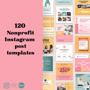 120 Bright Social Media Templates for Nonprofits, Activism volunteer Instagram,Pink Orange Editable NonProfit Canva Instagram Post Templates