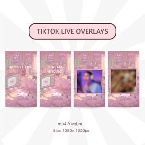 May include: Pink TikTok live overlay graphics with the text "ALMOST LIVE" and "STREAM ENDING". The graphics feature a cartoon room scene with a TV, desk, and heart-shaped chair. The image also includes the text "mp4 & webm" and "Size: 1080 x 1920px".
