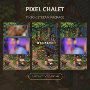 Puede incluir: Un paquete de arte digital para transmisiones de TikTok, que presenta una escena de chalet pixelada con el mensaje 'Be Right Back'. La imagen incluye una superposición de video borrosa y el texto 'Instant Download'.