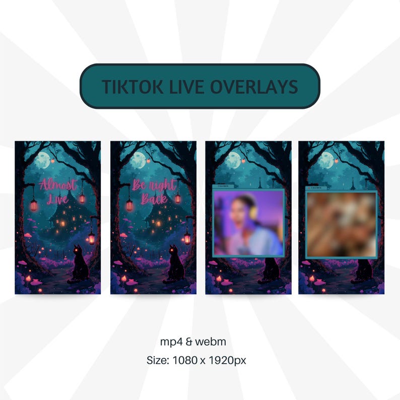 Puede incluir: Superposiciones de TikTok Live con un tema de bosque de fantas&iacute;a. Las superposiciones presentan un gato negro, linternas y las frases "Almost Live" y "Be Right Back". La imagen tambi&eacute;n incluye marcos de video borrosos y el texto "mp4 & webm Tama&ntilde;o: 1080 x 1920px."
