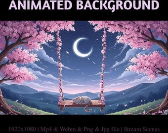 Animated Swing Cat & Blossoms Stream Overlay: Kawaii Kitty Flower Garden Twitch Background