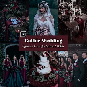 Peut inclure: Un ensemble de préréglages Lightroom pour ordinateur de bureau et appareils mobiles, conçu pour créer une esthétique de mariage gothique. Les préréglages sont affichés appliqués à des images d'une mariée, de demoiselles d'honneur, d'un gâteau de mariage et d'une table de mariage. Les images présentent des tons sombres et humides avec un accent sur les couleurs riches comme le bordeaux, le noir et le blanc.