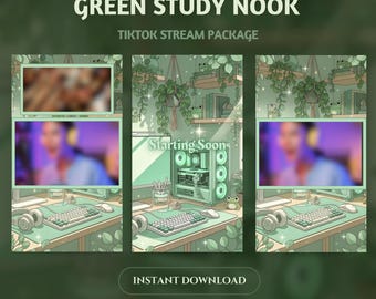 Green Study Nook TikTok Overlay: Animated Clean Gaming Desk TikTok Screen (Digital Download)