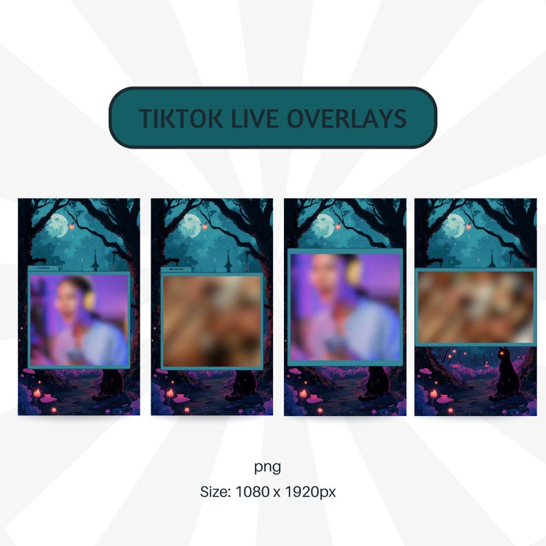 Puede incluir: Gr&aacute;fico para superposiciones de TikTok Live. El dise&ntilde;o presenta cuatro marcos verticales con im&aacute;genes borrosas, sobre un fondo de bosque oscuro con luna llena. Un gato negro est&aacute; en primer plano. El texto 'TikTok Live Overlays' est&aacute; arriba.