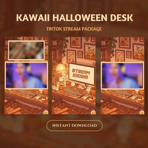 May include: An illustration of a Kawaii Halloween desk setup, featuring a computer monitor displaying "Stream Ending." The desk is decorated with pumpkins, ghosts, and autumn leaves. The image includes the text "TikTok Stream Package" and "Instant Download."