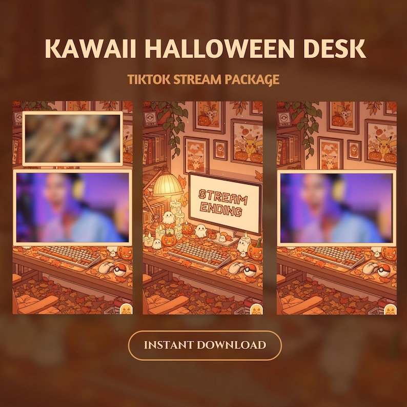 May include: An illustration of a Kawaii Halloween desk setup, featuring a computer monitor displaying "Stream Ending." The desk is decorated with pumpkins, ghosts, and autumn leaves. The image includes the text "TikTok Stream Package" and "Instant Download."