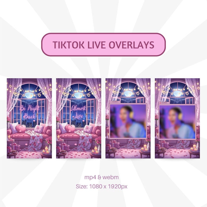 K&ouml;nnte beinhalten: Ein Satz von vier TikTok Live-Overlays mit romantischem Thema. Die Overlays zeigen ein lila und rosa Farbschema mit Illustrationen eines Fensters, einer Couch und einer Stadtlandschaft. Der Text enth&auml;lt "Be Right Back" und "Almost Live".